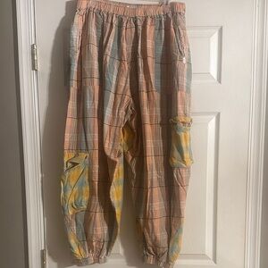 Urban Outfitters Peach Plaid Cargo Jogger Pants with Yellow & Blue Accents